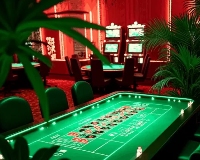 Dealer profesional di meja Free Bet Blackjack modaljitu dengan kartu dan chip
